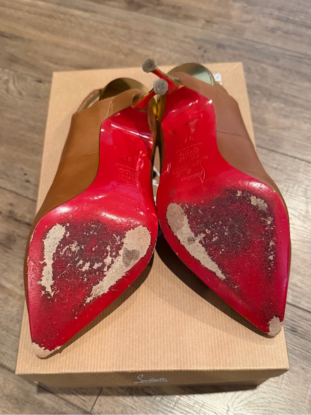 Christian Louboutin Tan Leather Pointed-Toe Slingback Pumps with Gold Heel - Picture 8 of 9